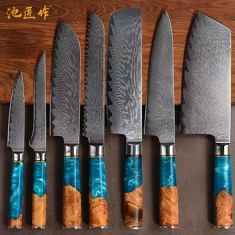 Кухонный разделочный нож из дамасской стали 67 слоев для дома, мясной нож с рукоятью из смолы — комплект Damas