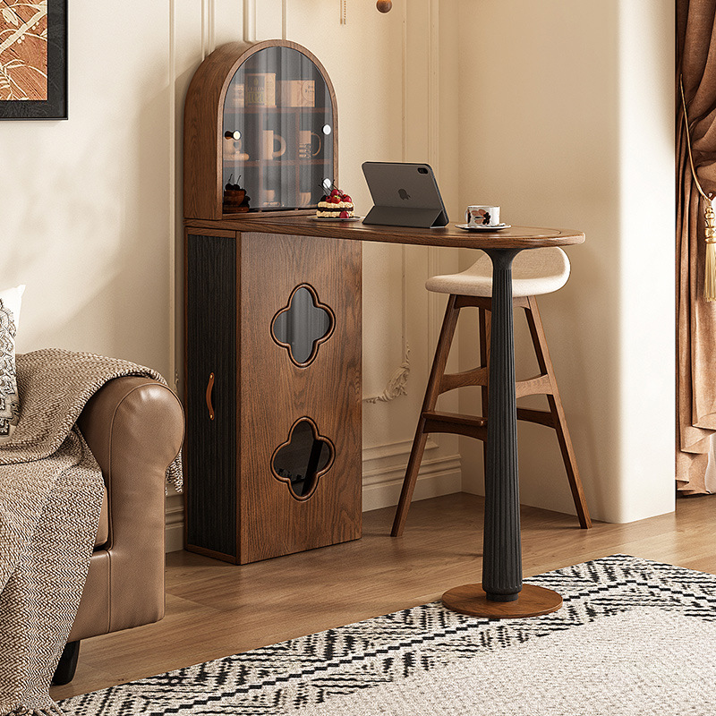 American Solid Wood Bar Table for Home Small Apartment Living Room Antique Style Retractable Storage Cabinet Integrated Partition Narrow Bar Table