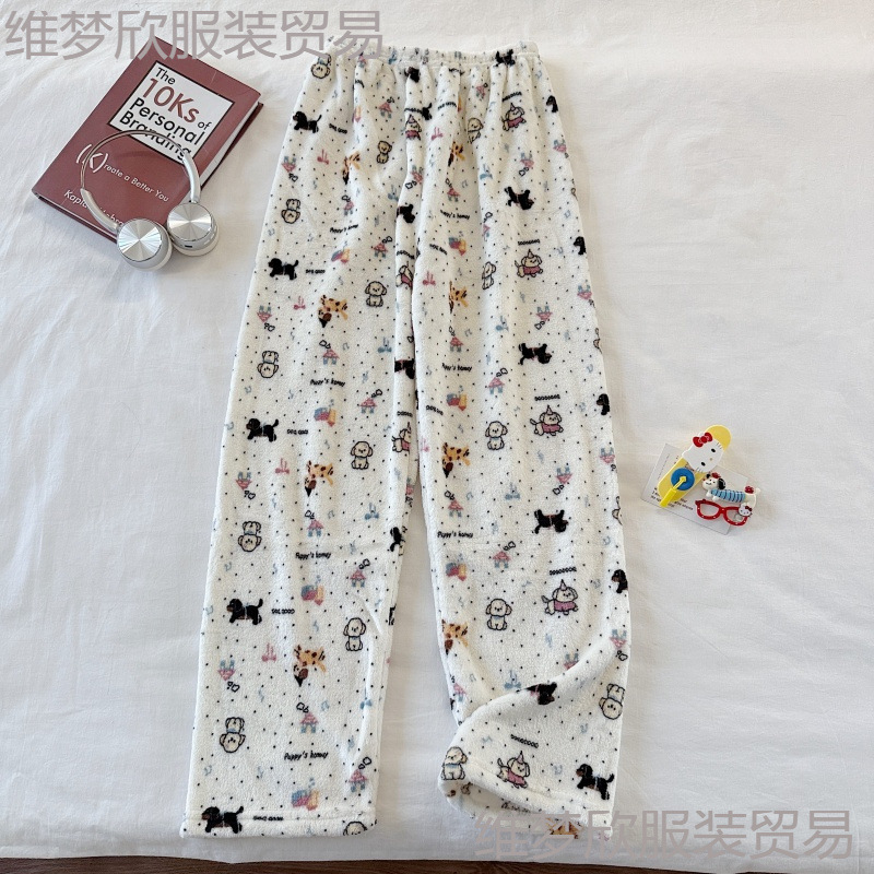 Cross-Border Walking Pants, Flannel Pajamas That Can Be Worn Outside, Cartoon Coral Velvet Lazy Pajamas, Women's Autumn and Winter Pants for Home