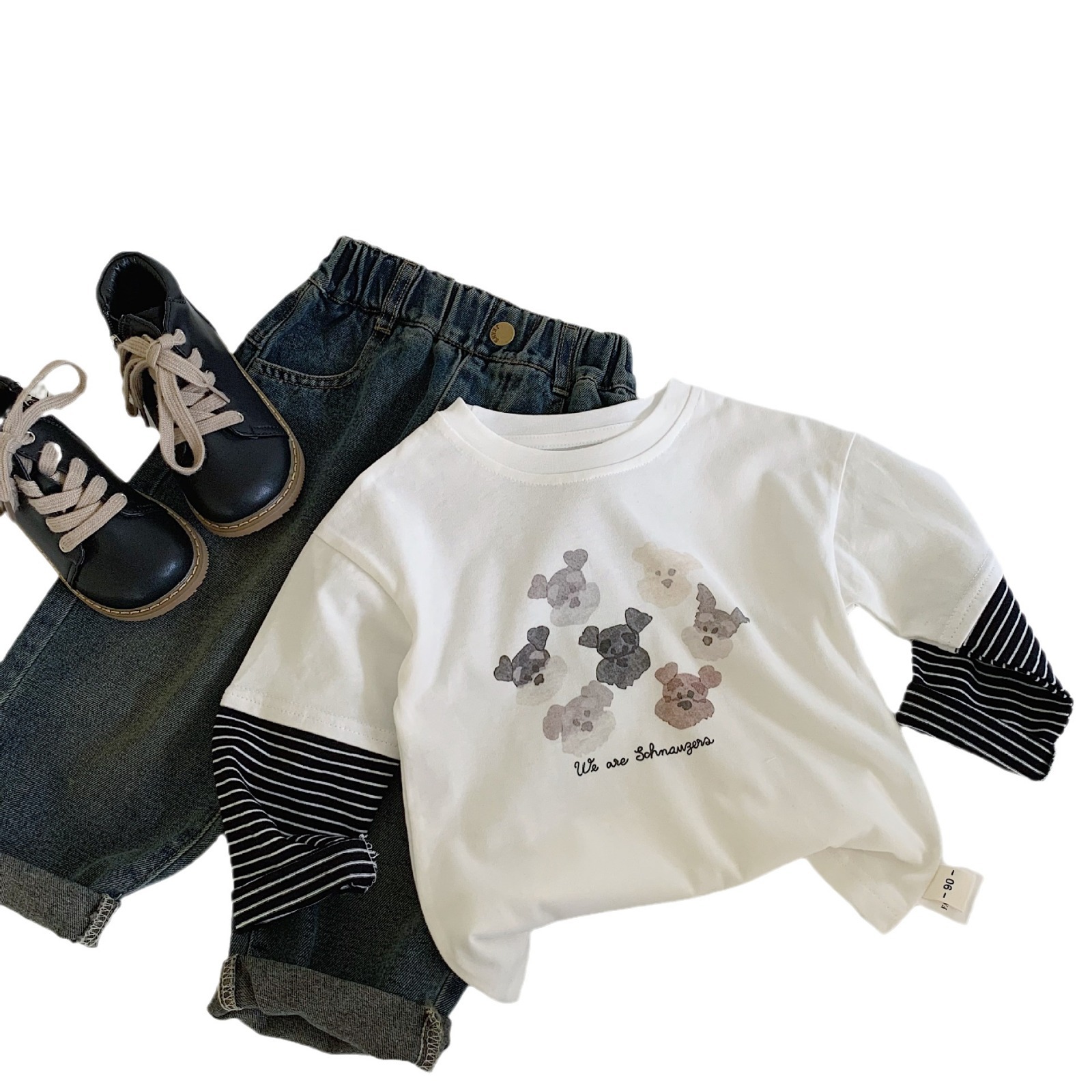 Camiseta infantil de Mai Bao2025 primavera nuevo estilo de niños y niñas de cuello redondo caricatura perrito falso dos piezas de camisa de base