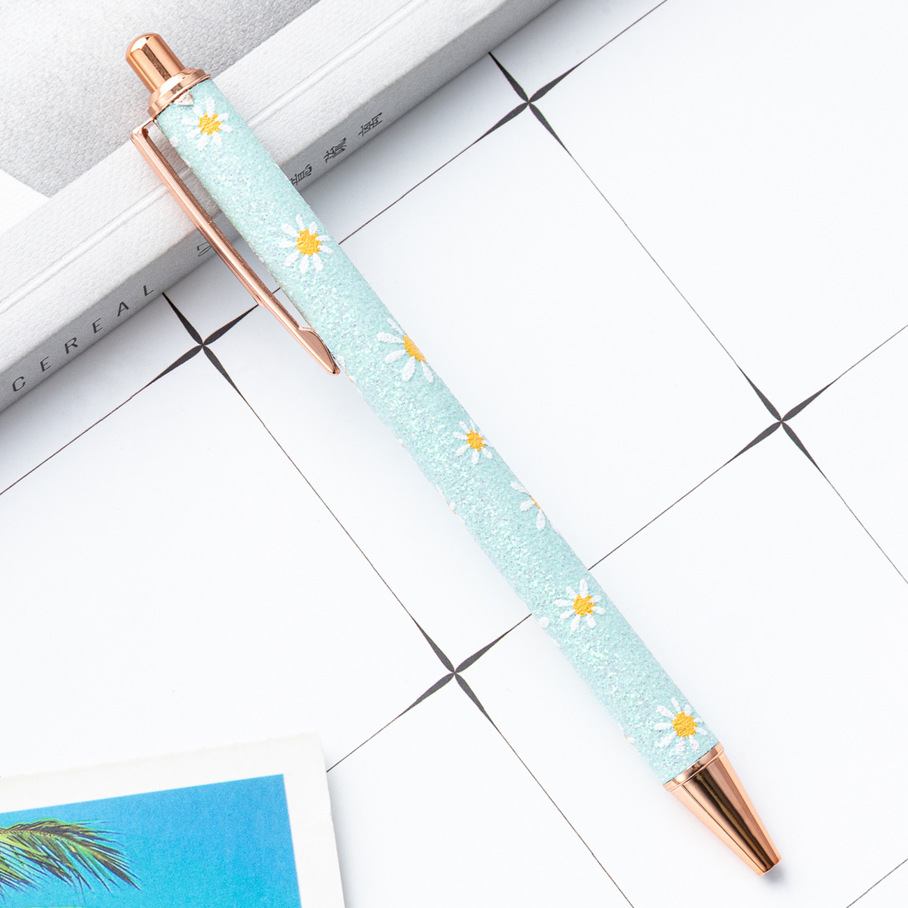 Polvo de oro prensa bolígrafo al por mayor estudiante chica prensa pluma de cuero logotipo imprimible pluma de polvo de brillo de metal