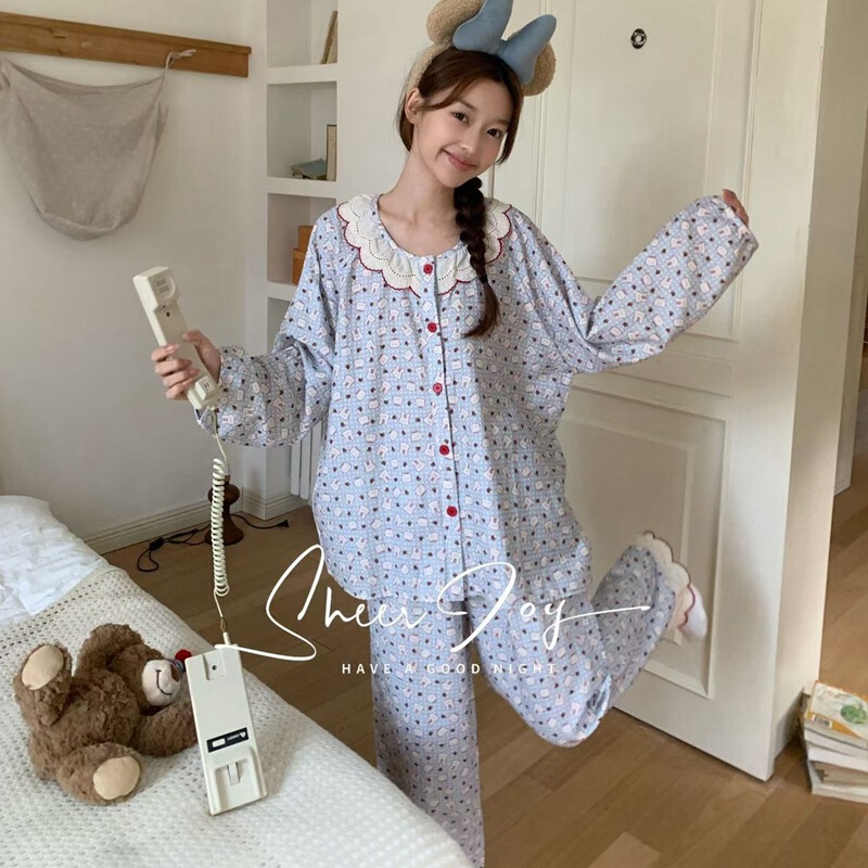 26th Autumn/Winter Double-Layer Gauze Homewear Cute Ins Cotton Gauze Printed Princess Style Contrast Color Lace Cardigan Pajamas 26th Autumn/Winter Double-Layer Gauze Homewear Cute Ins Cotton Gauze Printed Princess Style Contrast Color Lace Cardigan Pajamas