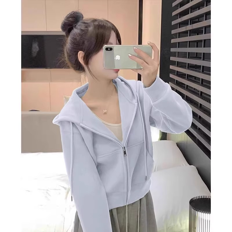 灰色短款连帽卫衣拉链初秋外套女春秋修身小个子韩系开衫上衣秋季|undefined