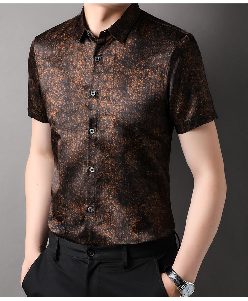 Áo sơ mi ngắn tay nam chất lụa cotton vân rùa mỏng mùa hè — Màu cà phê 90901210 chi tiết 8