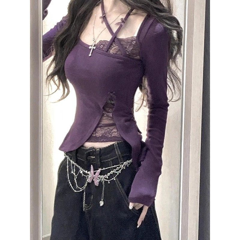 Purple Sexy Tight Long-Sleeved T-Shirt for Women in Autum Lace Splicing Pure Desire Slim Inner Layering Shirt Short Top Purple Sexy Tight Long-Sleeved T-Shirt for Women in Autum Lace Splicing Pure Desire Slim Inner Layering Shirt Short Top