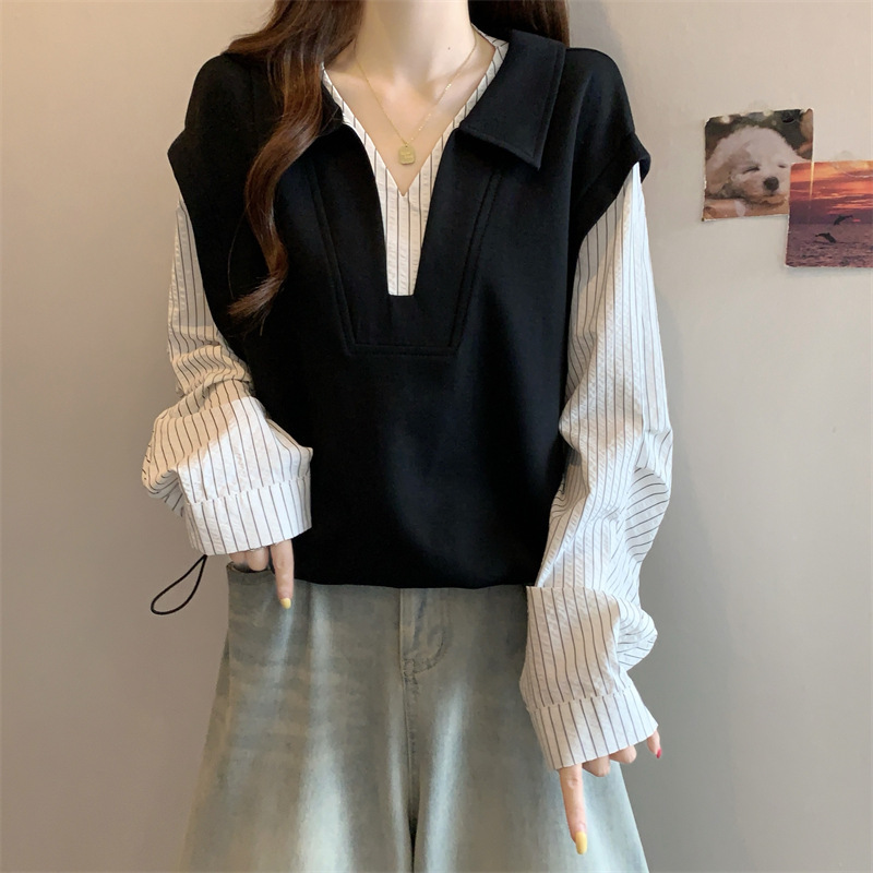 胖MM2025新款秋装女装韩版设计条纹衬衫宽松百搭假两件上衣A6694|undefined