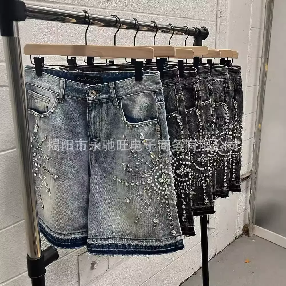 重工镶钻牛仔短裤男时尚潮牌美式个性街头2024夏季新款休宽松短裤