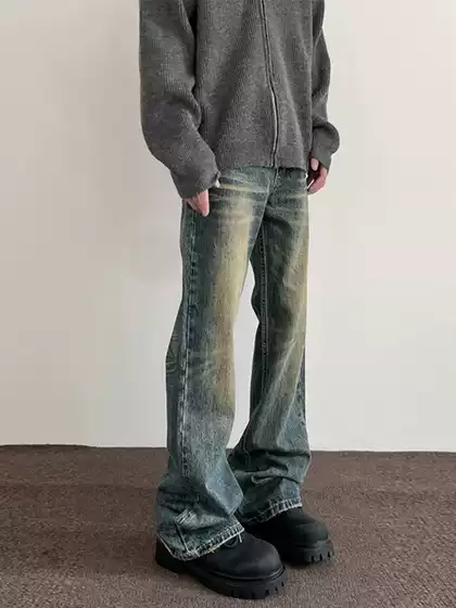 High Street Washed Distressed Jeans Men's American Retro Cleanfit Boot-Cut Pants Trendy Brand Straight Slim Long Pants