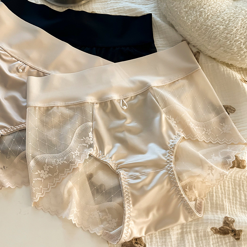 Large Size High-End Satin Light Luxury Lace High-Waist Tummy Control Panties for Women, Large Size Hip-Hugging Breathable Sexy Briefs