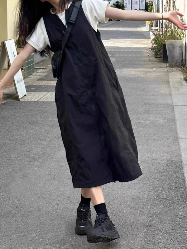 山系黑色工装背心裙女夏季新款连衣裙大码裙子胖mm宽松显瘦背带裙|undefined