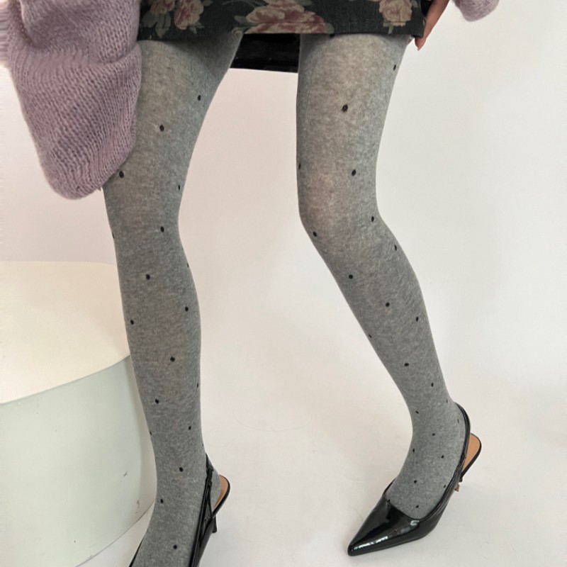 Grey Polka Dot Pantyhose Autumn and Winter Gray Style Wear Pantyhose Retro Polka Dot Contrast Color Wine Red Cotton Outer Wear Pantyhose