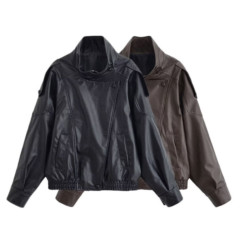 Foreign Trade Cross-Border Wholesale 2025 Autumn New European and American Women's Fashion Stylish Loose Long-Sleeved Stand-Up Collar Leather Jacket