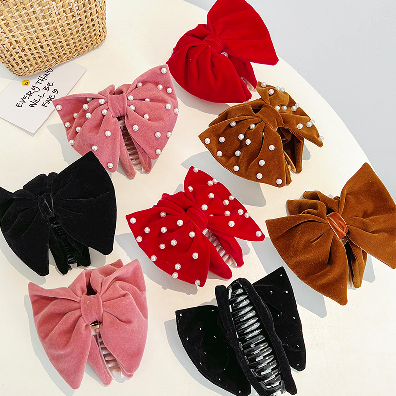 60g Weight Hair Claws Hair Accessories Type Retro Solid Color Imitation Pearl Cloth Bowknot Hair Claws 1 Piece
