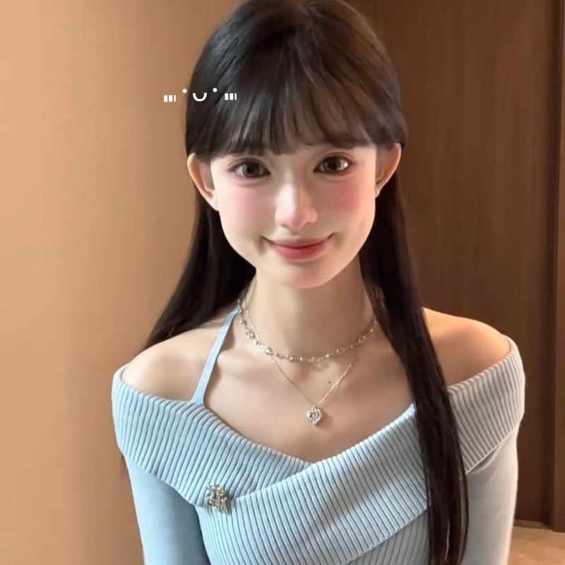 Korean-style Blue Shoulder Neck Knitted Sweater Women's Autumn Design Niche Cross Slim-fit Slim-fit Short Top