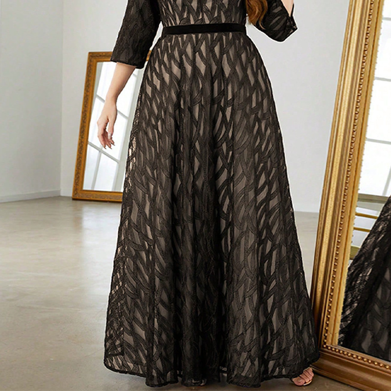 Amazon Evening Dress Plus Size V Neck Lace Mid-Length Sleeves Large Hem Elegant Prom Skirt Party Skirt Plus Size Dress Skirt