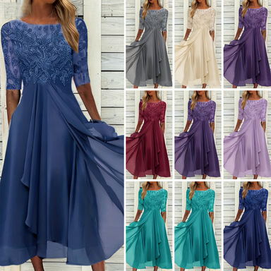 2026 European Patchwork Lace Hollow-Out Long Dress Chiffon Bridesmaid Evening Gown Factory Ready Stock Vacation Style