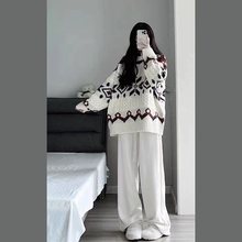 盐系学生冬季加厚提花圆领毛衣女学院风甜美复古针织衫上衣