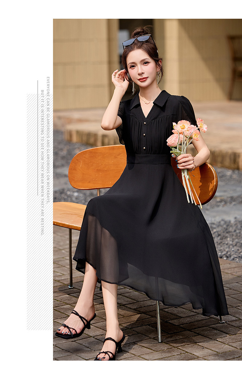 Đầm suông midi tay ngắn eo thắt dây che bụng cho nữ size lớn — màu đen, màu sắc chi tiết 20