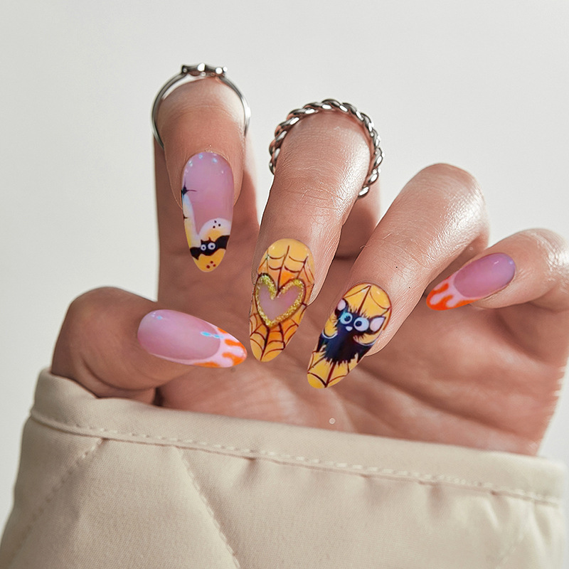 Halloween Black Bat Spider Web Yellow Series European and American Cartoon Fake Nails Nail Art Stickers Finished Almond-Shaped Press-On Nails