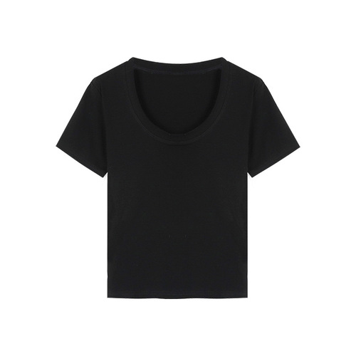 Solid color simple U-neck T-shirt for women 2025 summer Korean style slim and versatile short-sleeved student tops ins trend