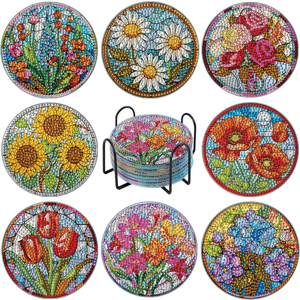Diamante pintado diy almohadilla aislante de tazas Amazon Tulip Flores de girasol llenas de diamantes hechas a mano almohadillas acrílicas