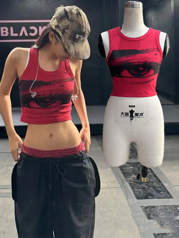 现货金智妮jennie同款印花圆领无袖背心女夏修身显瘦短款舞蹈上衣|undefined