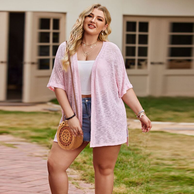 Cross-Border Amazon New European and American Style Knitted Sweater Short-Sleeved Slit Plus Size Jacket Summer Plus Size Women's Cardigan