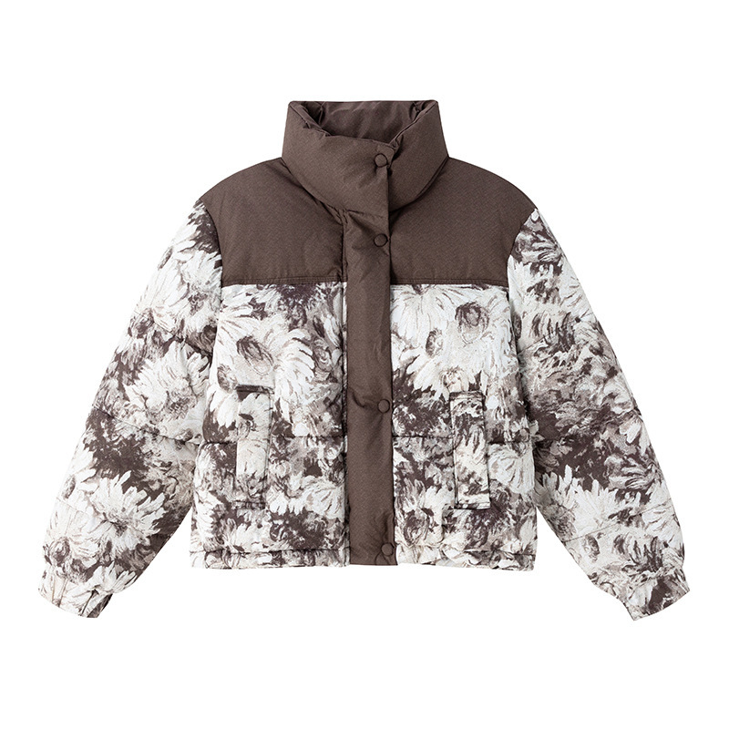 2025 ropa de algodón de plumón ropa de algodón corta impresión coreana nuevo cuello de pan chaqueta de algodón nicho chaqueta de invierno mujer