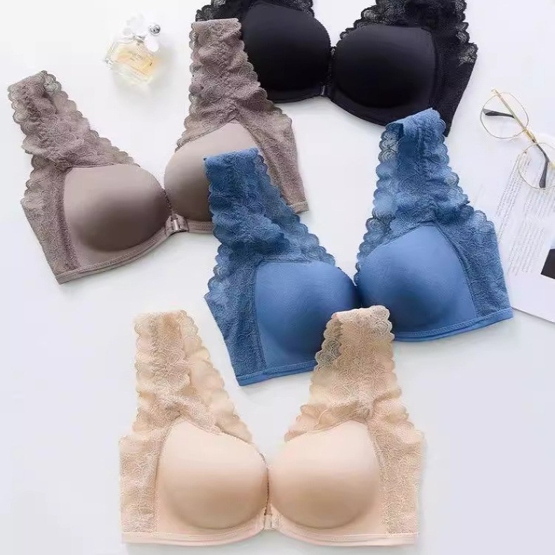 Damen-BH mit Vorderverschluss, Spitze, Push-up, verstellbar, nahtlos, kabellos, lässt kleine Brüste größer wirken und reduziert seitliches Brustgewebe._voghion.com