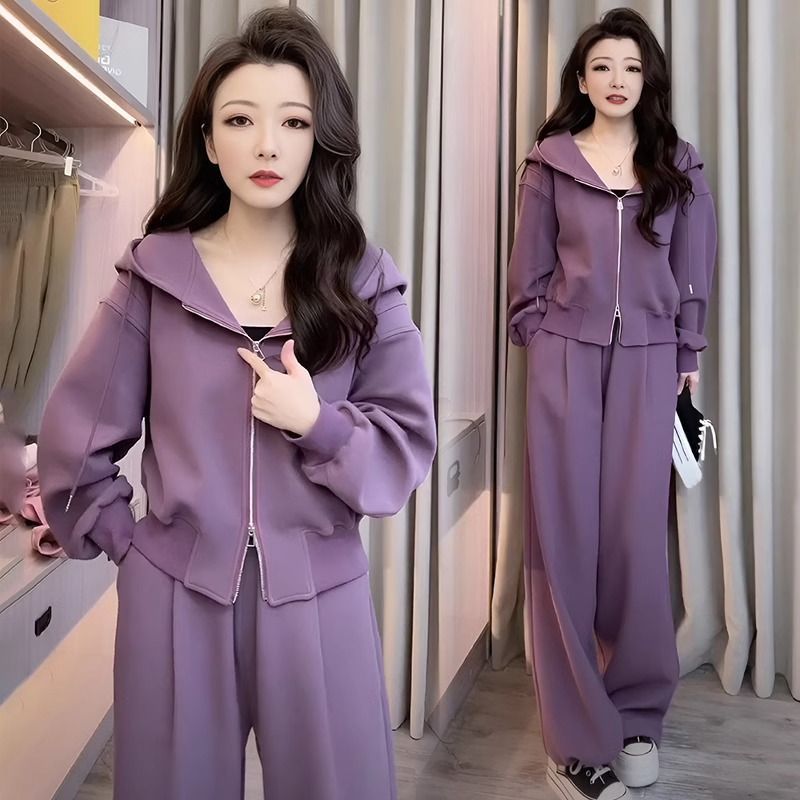 大码女装春秋季时尚洋气两件套连帽遮肚显瘦运动套装女胖mm300斤|undefined