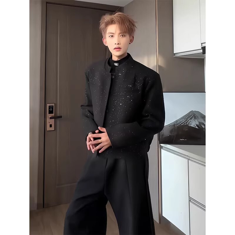 Black Padded Shoulder Short-Style Chanel-Inspired Jacket for Men, Cleanfit Woolen Blazer, Chanel Style Black Padded Shoulder Short-Style Chanel-Inspired Jacket for Men, Cleanfit Woolen Blazer, Chanel Style