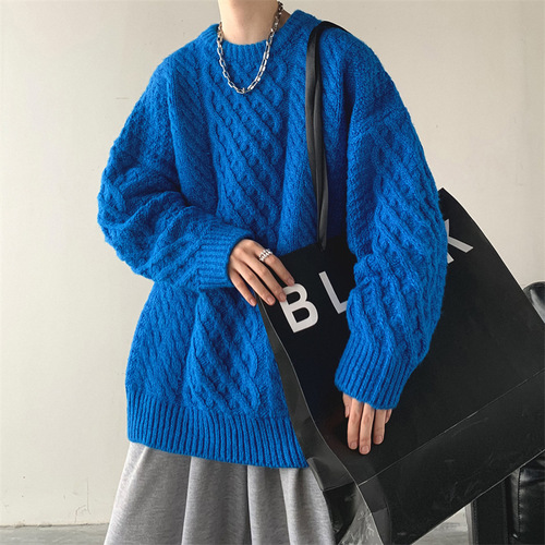 Hong Kong-style vintage loose cable-knit sweater for men—autumn/winter thickened, cozy, retro, and soft; also available as a chunky knit sweater for couples.