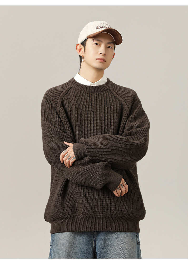 Monochrome 3d Shoulder Texture Men's Round Neck Knitted Sweater_voghion.com