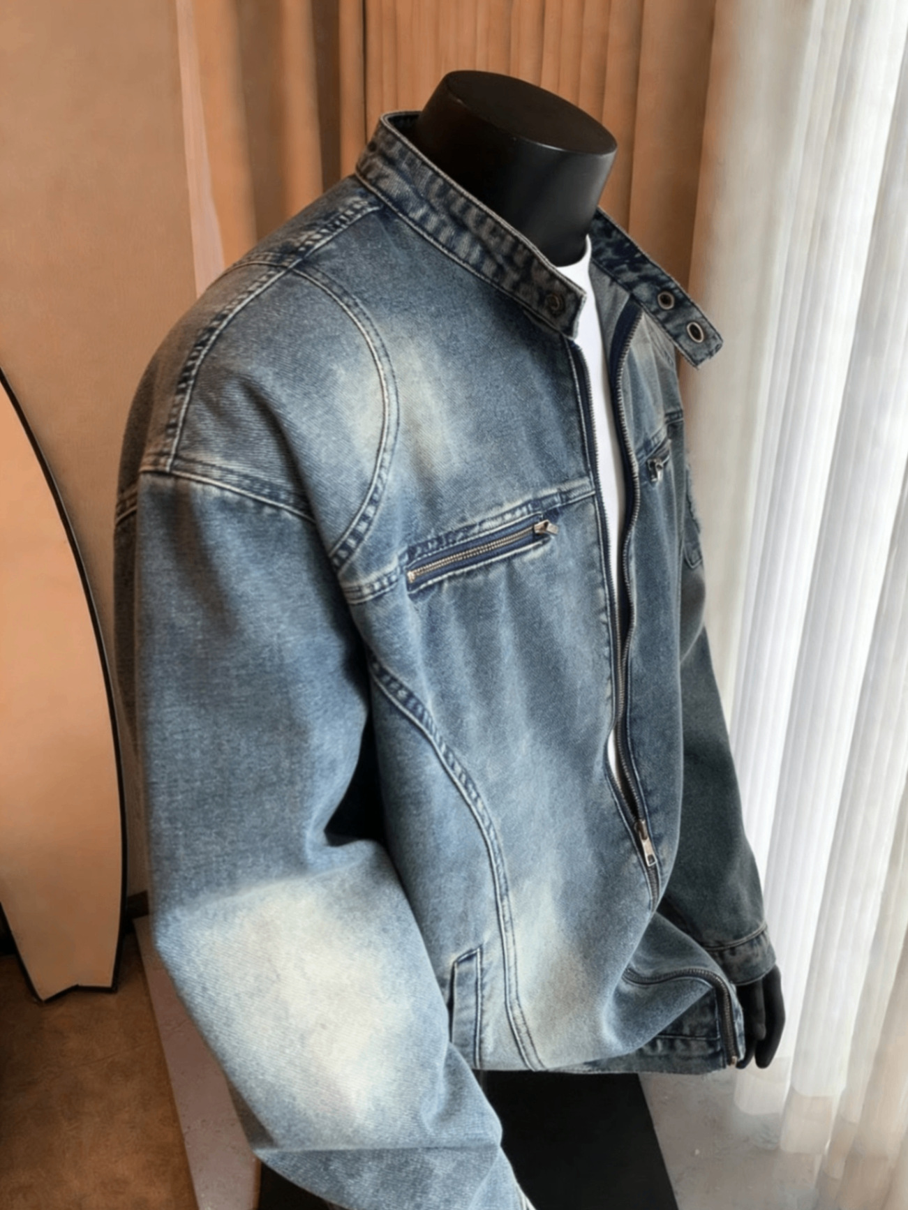 Men's Denim Jacket Washed Motorcycle Style Loose Casual Zipper_voghion.com