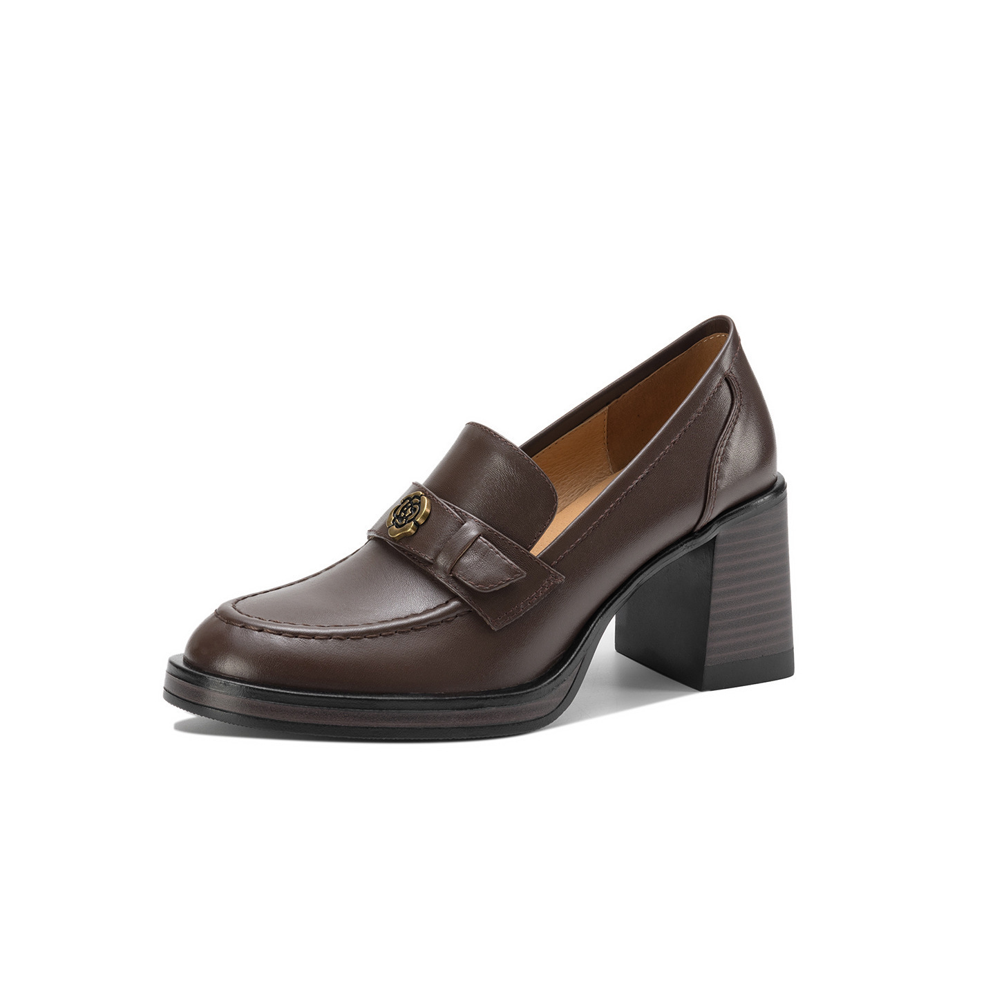 Giày loafer nữ cao gót phong cách Anh quốc vintage, da bò thật gót vuông — màu nâu