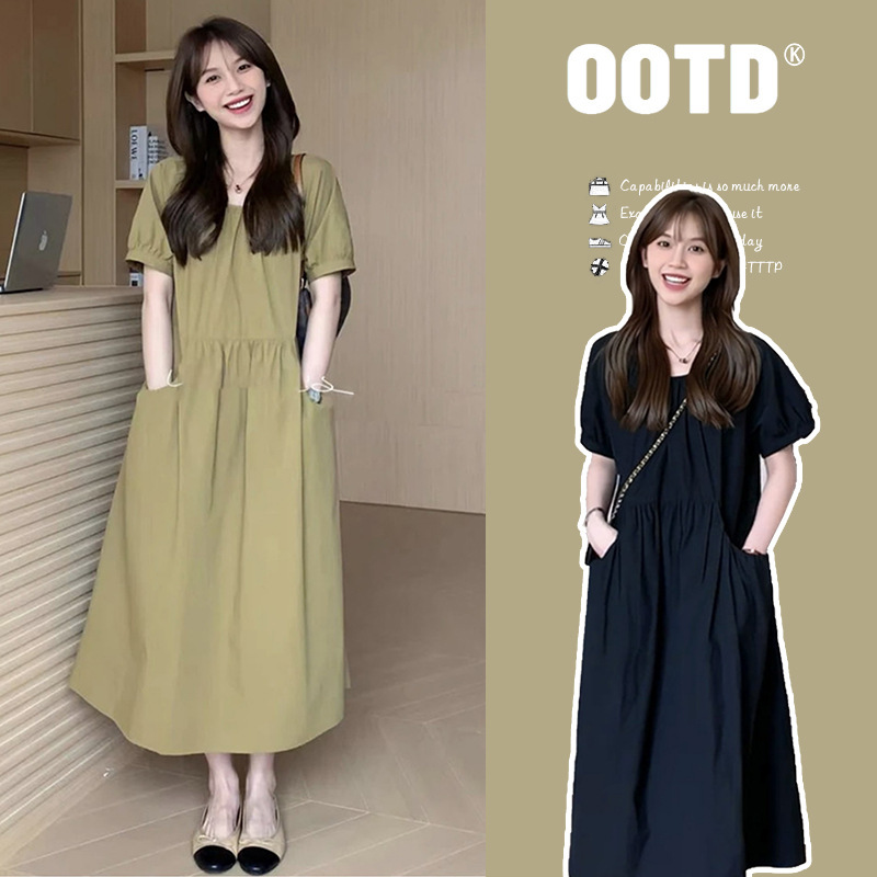 New Summer Dress Korean Style Fashionable Loose Simple Solid Color Mid-length dress