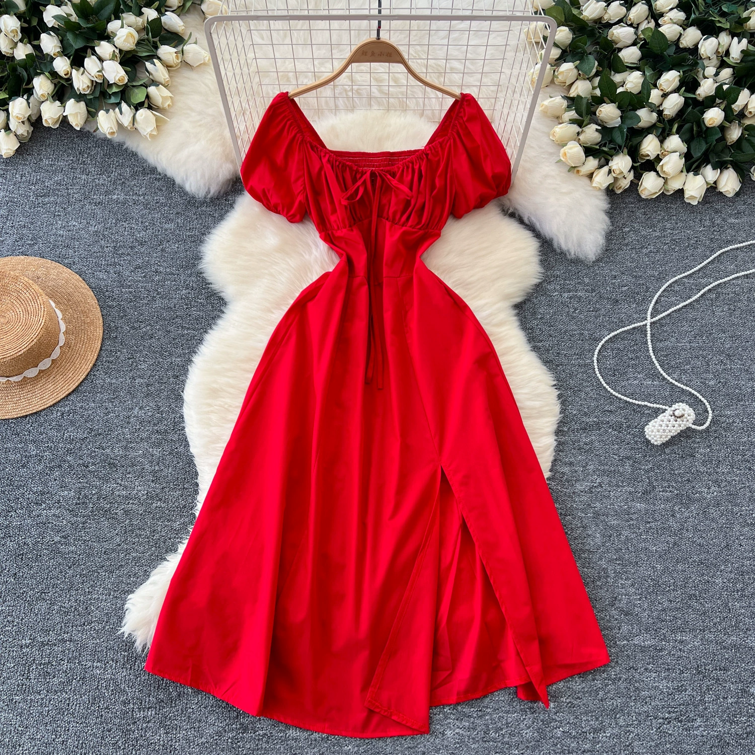 Французский нишкий дизайн Чувство сшитой с квадратным воротником пузырьковый рукав с высокой талией тонкий темперамент