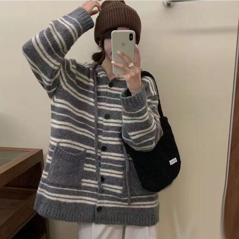 宽松条纹连帽开衫秋冬外套老钱风慵懒高级感外穿中长款针织毛衣女
