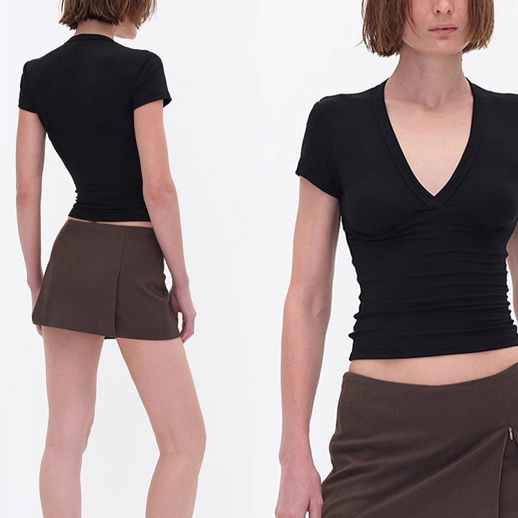 Spot Deep V Neck Black and White Design Short-Sleeved T-Shirt Top for Women Slimming Look Versatile Elastic Sexy Right Shoulder Sexy