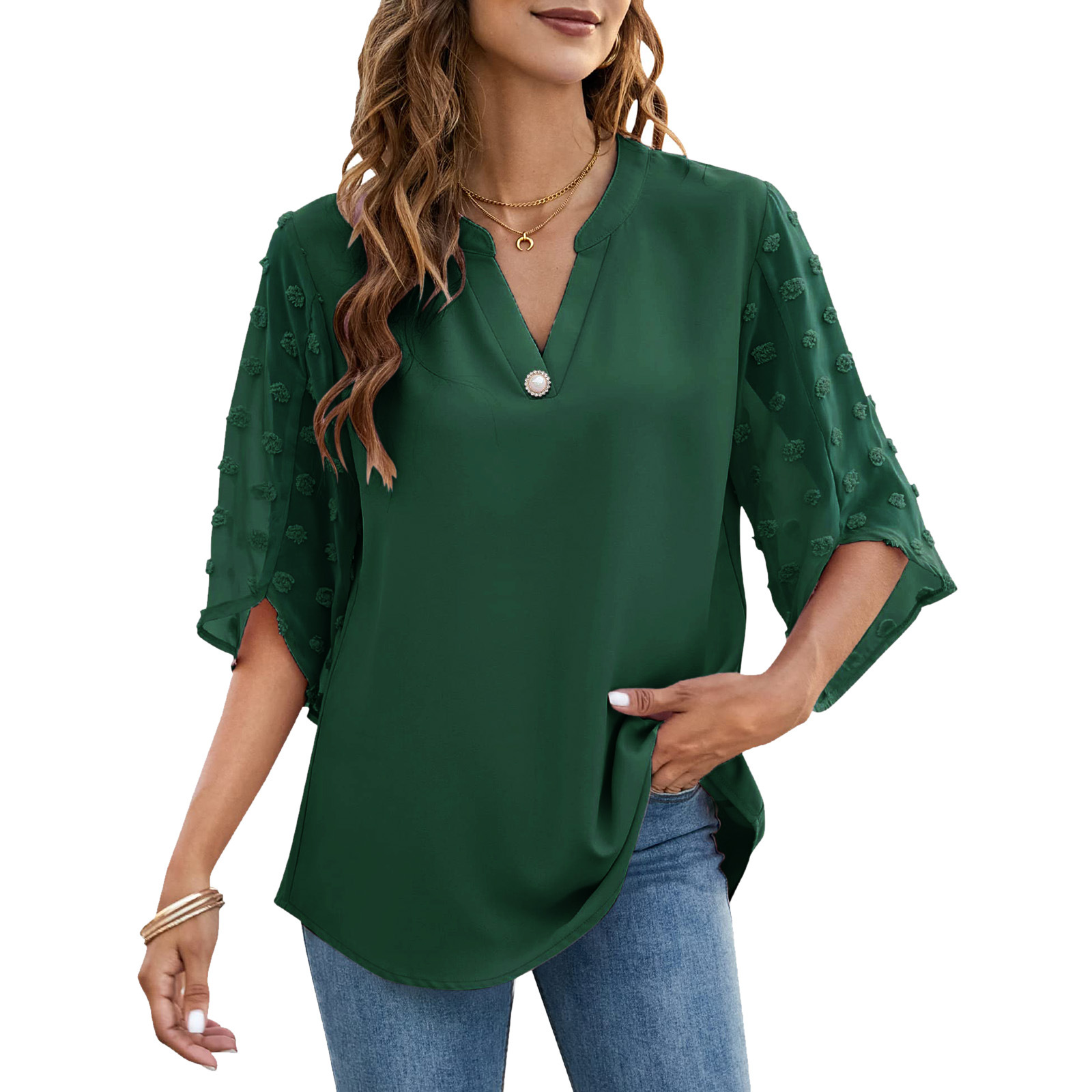 Transfronterizo 2022 Amazon europeo y americano superior de verano de las mujeres Bola de piel manga corta casual suelta con cuello en V camisa superior