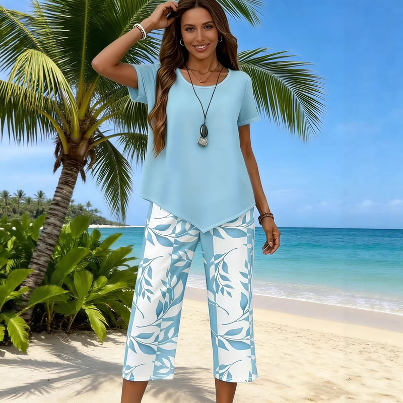 2026 Summer Women's Casual Two-Piece Set Short Sleeve Round Neck Top with Leaf Print Pockets and Cropped Wide-Leg Pants for Daily Home Wear 2026 Summer Women's Casual Two-Piece Set Short Sleeve Round Neck Top with Leaf Print Pockets and Cropped Wide-Leg Pants for Daily Home Wear
