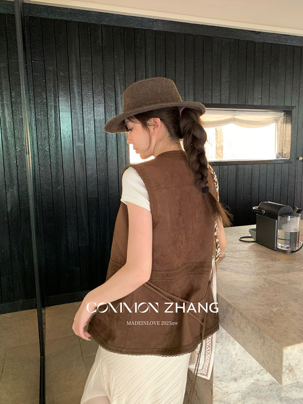 CZ ZHANG秋美式复古废土风中长款绣花马甲女绑带休闲外套B37660|undefined