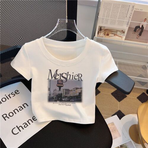 Ribbed pure cotton girl's short-sleeve T-shirt high-waist crop top summer children white short sleeve inner half sleeve fashion top