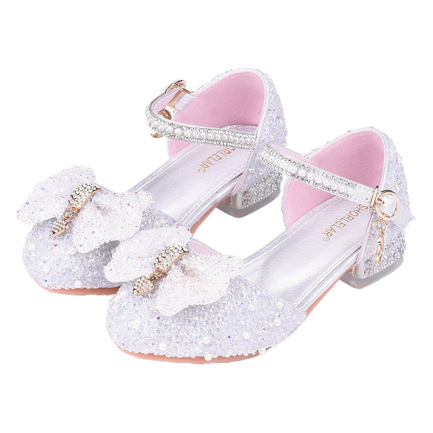 Туфли принцессы для девочек, белое детское платье на мягкой подошве, детская обувь с цветочным принтом, туфли на высоком каблуке с жемчугом и кристаллами