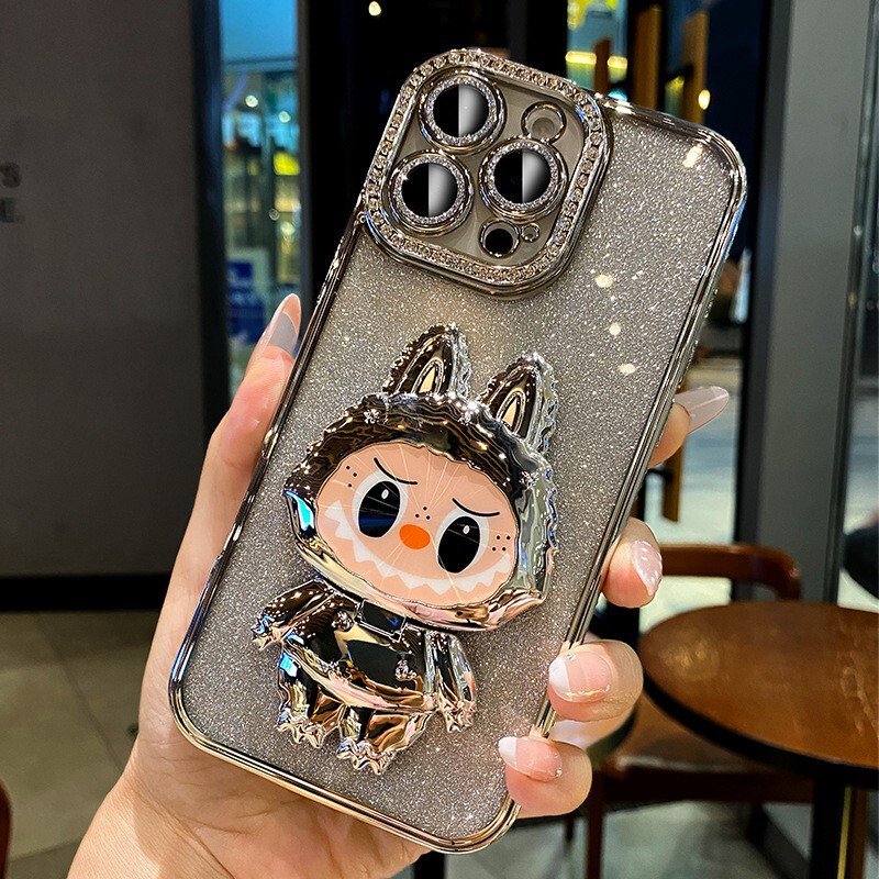 Suitable for Apple 17Promax Mobile Phone Case New Iphone16 Cartoon Cute Foldableing Mirror Holder 14 Rhinestones