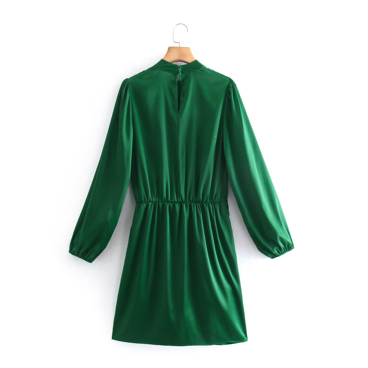 Green Long-Sleeved Silk Satin Dress NSXFL103689