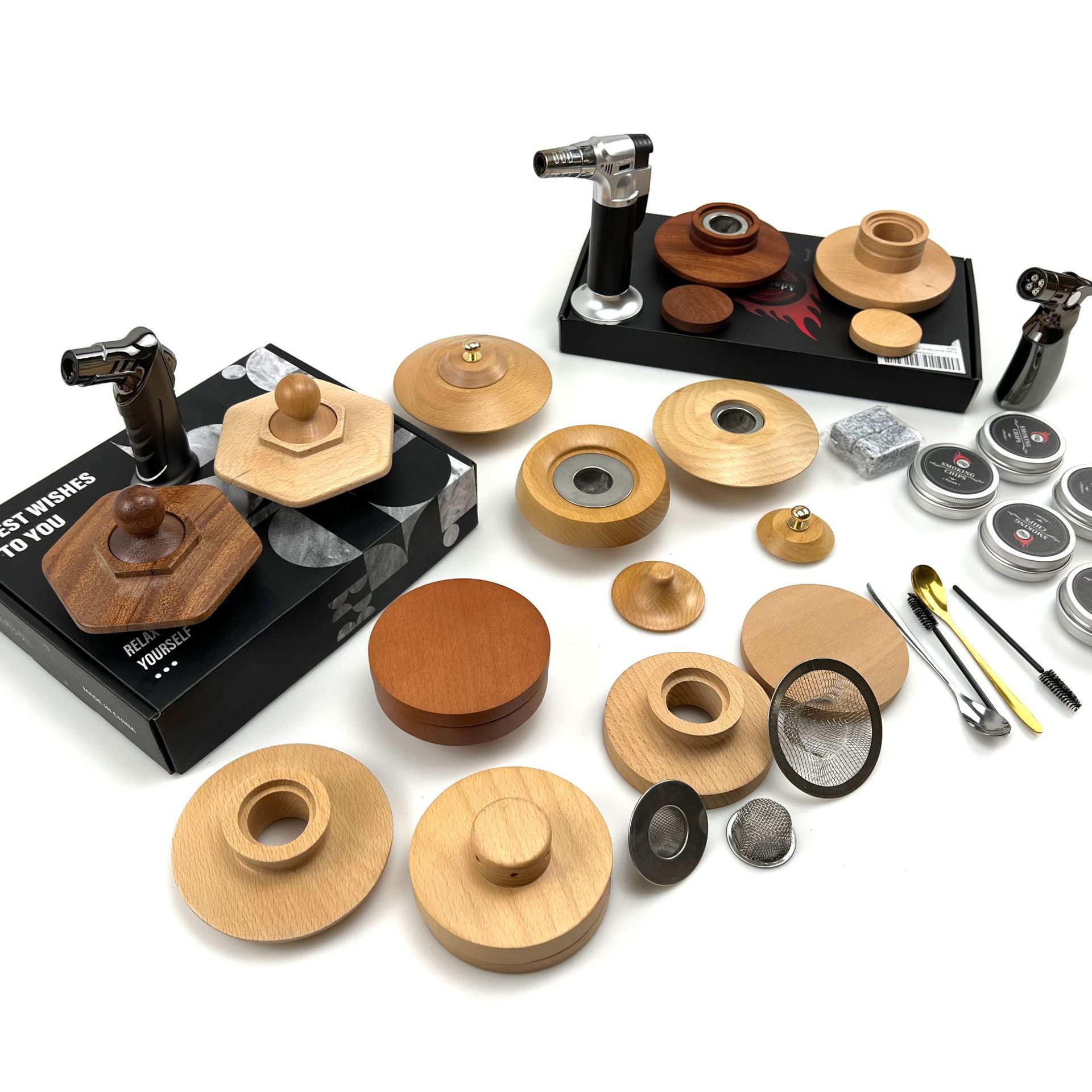 Cóctel de madera maciza caliente de Amazon transfronterizo, ahumador de whisky, juego de regalo de cubierta de madera ahumada de madera