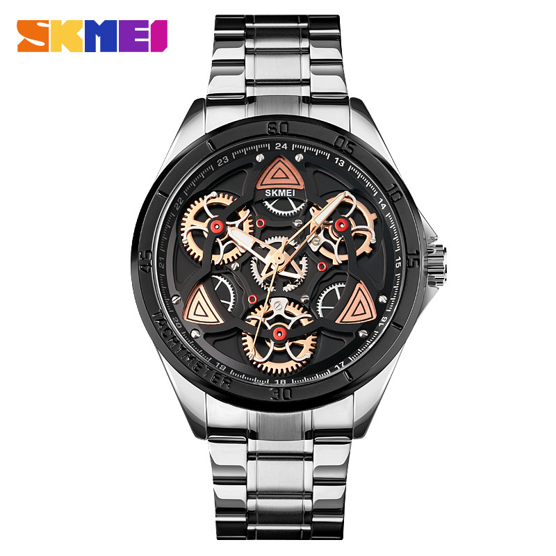 Skmei skmei 1678 nueva correa de acero cuarzo engranaje hueco hombres negocio la moda regalo personalizado reloj