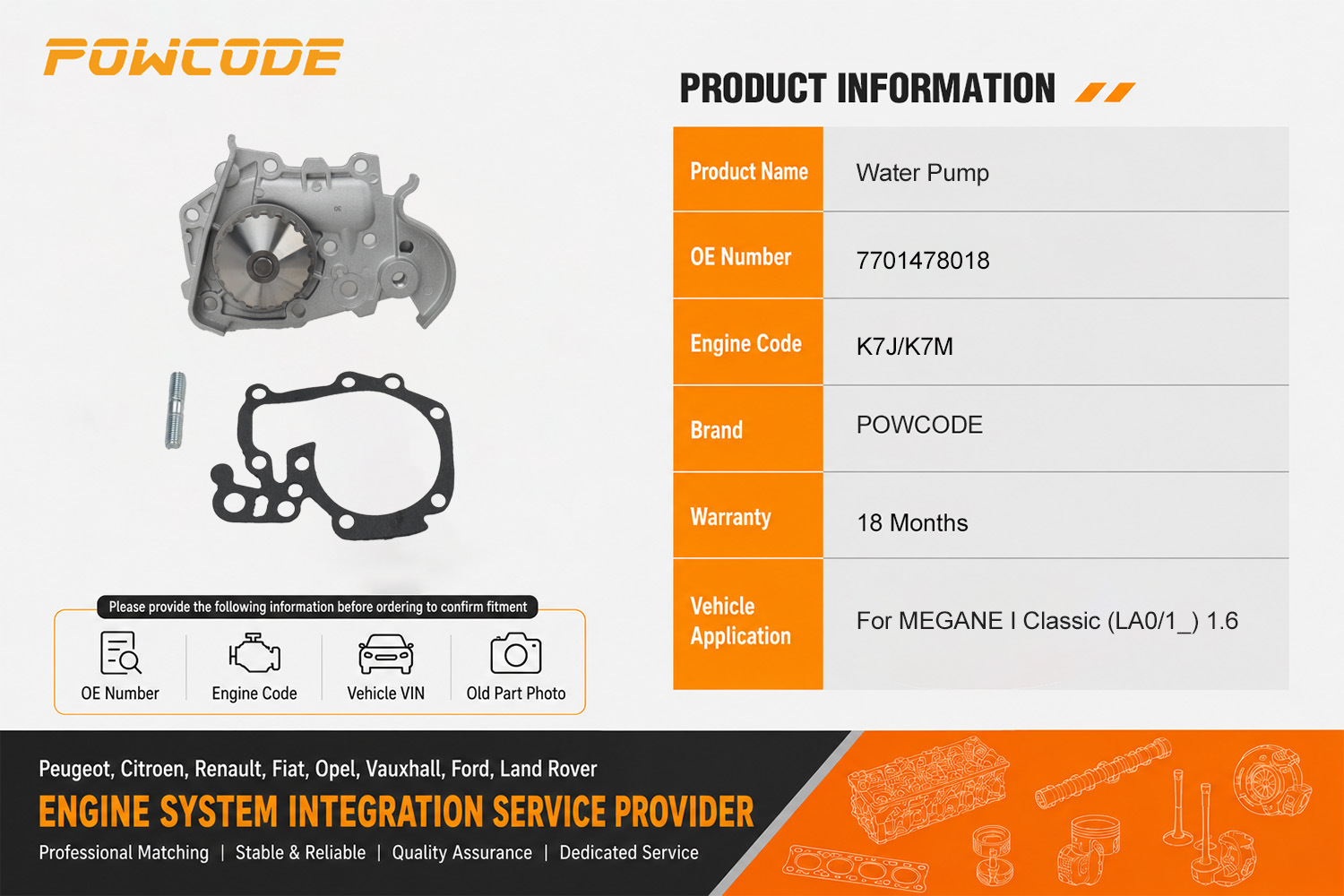 7701478018 is suitable for Renault K7J K7M engine cooling water pump