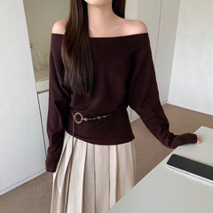 韩系慵懒风露肩套头毛衣女2025秋冬新款宽松显瘦百搭针织衫带腰带